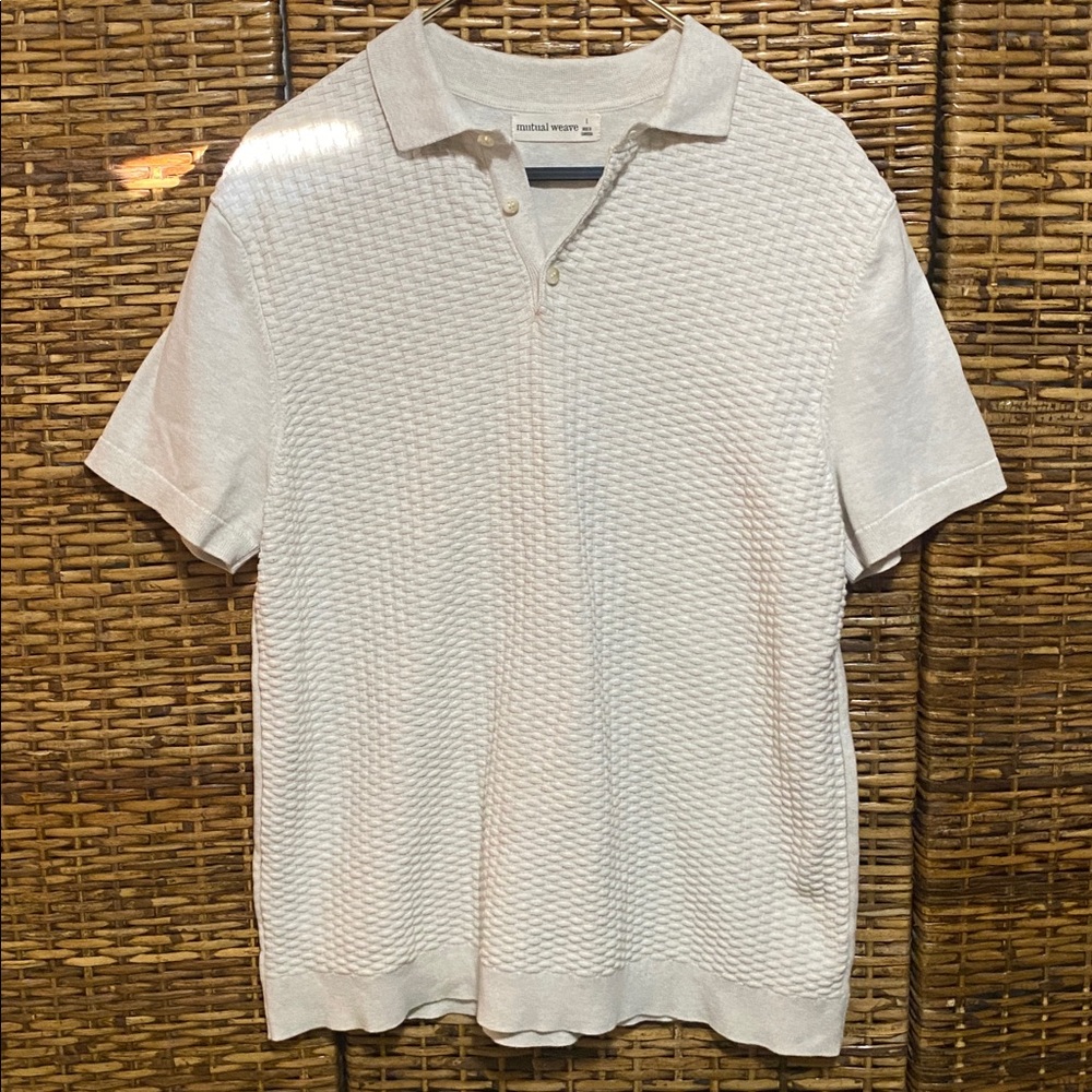 EUC Mutual Weave Cream, off-white Short Sleeve Polo basket weave Sweater L